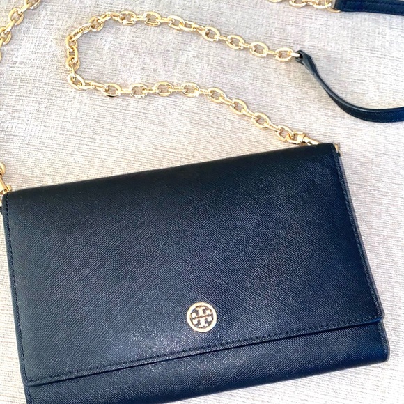 Tory Burch Navy Crossbody Leather Wallet Purse with Chain - Like New - Picture 2 of 8